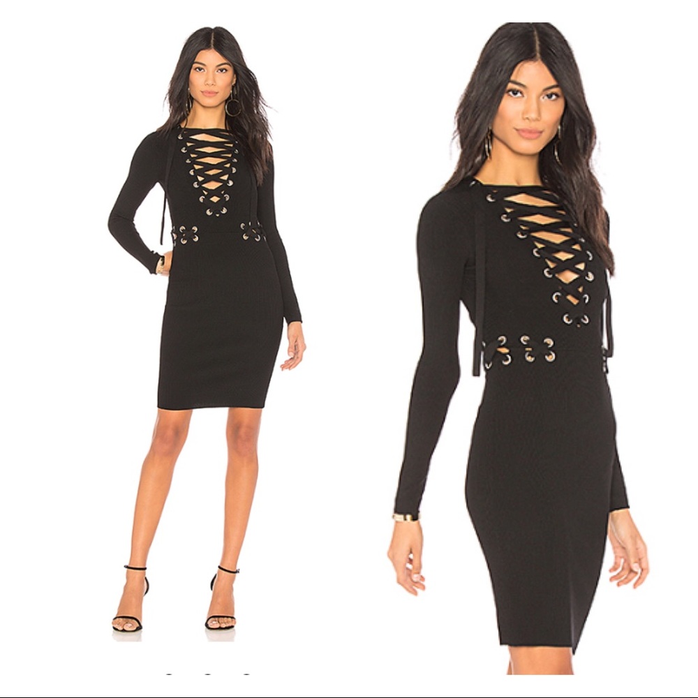 Chrissy Teigen Black Deep V Lace Up Dress